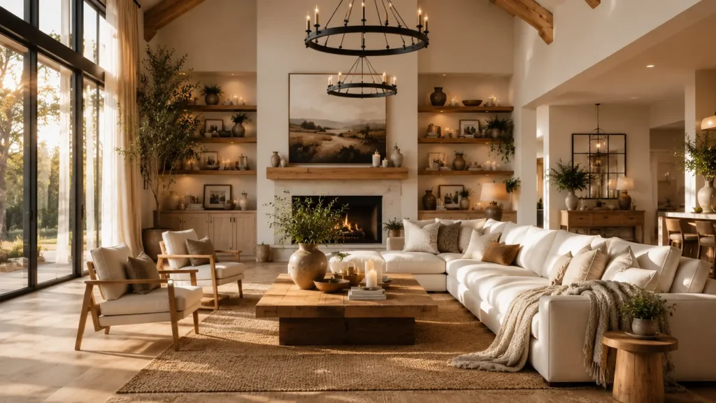 Ultra-realistic luxury living room featuring modern farmhouse and Scandinavian design, neutral beige tones, oversized sofa, natural oak furniture, decorative shelves, indoor plants, fireplace, and floor-to-ceiling windows with warm natural sunlight.