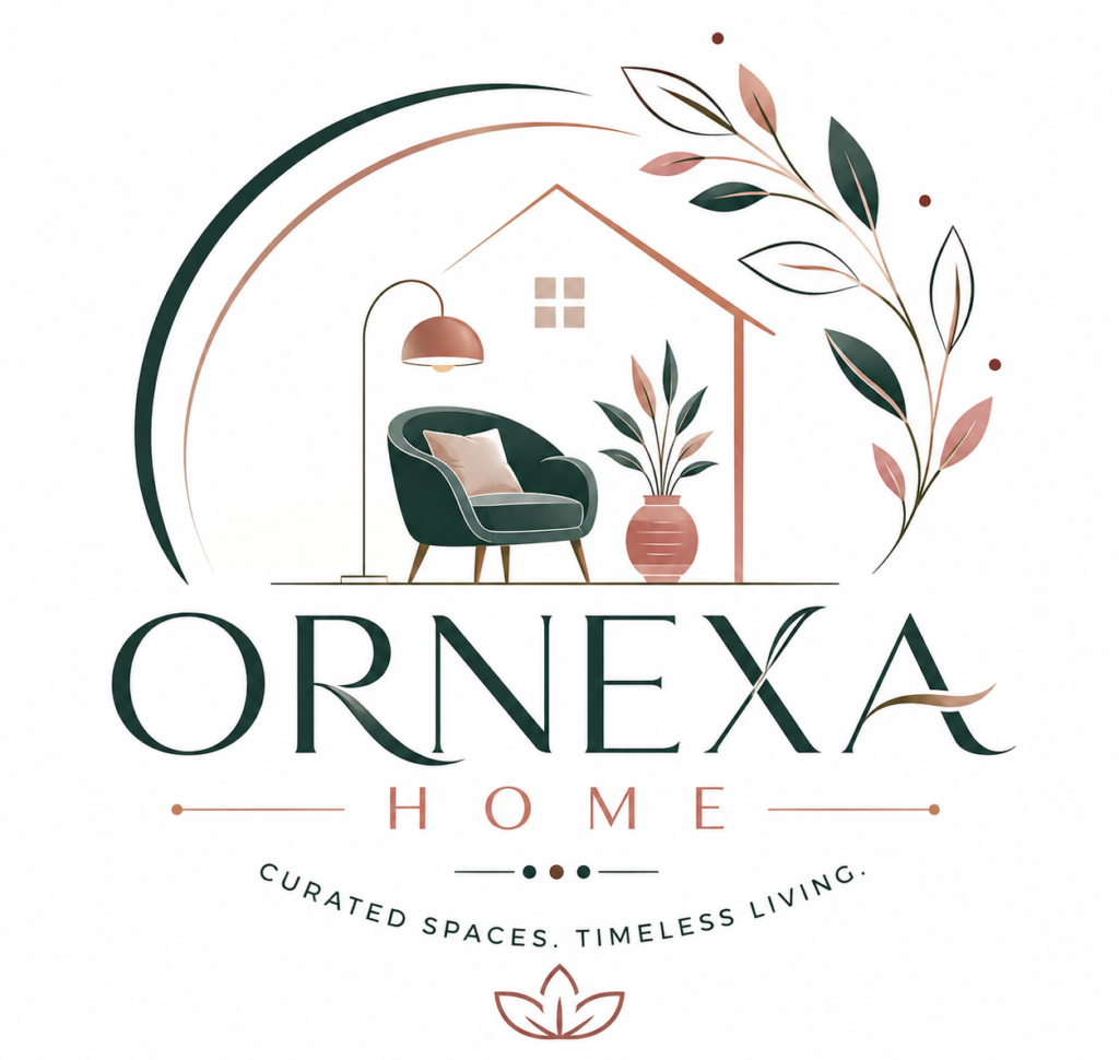Ornexa Home logo featuring a modern house interior with an armchair, floor lamp, potted plant, botanical accents, and elegant green and rose-gold typography on a white background.
