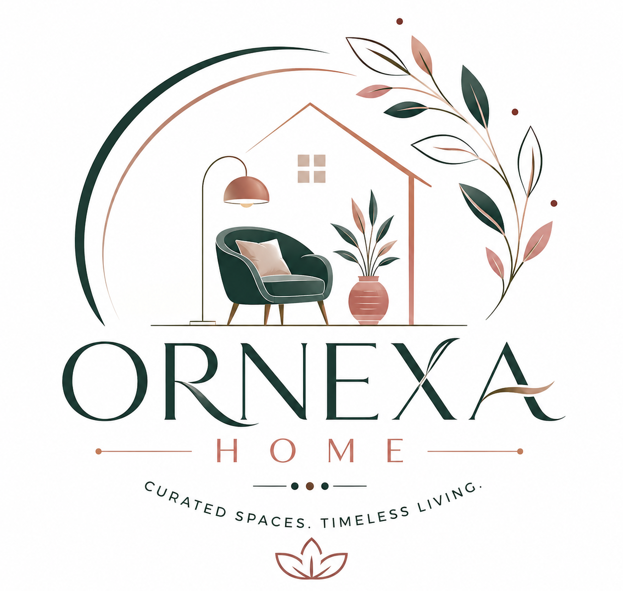 Ornexa Home logo featuring a modern house interior with an armchair, floor lamp, potted plant, botanical accents, and elegant green and rose-gold typography on a white background.